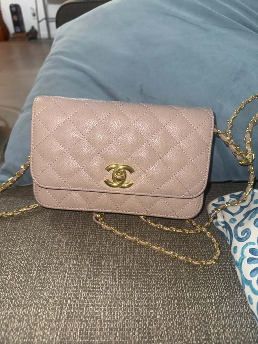 Quilted Leather Crossbody in Dusty Pink with Gold Hardware
